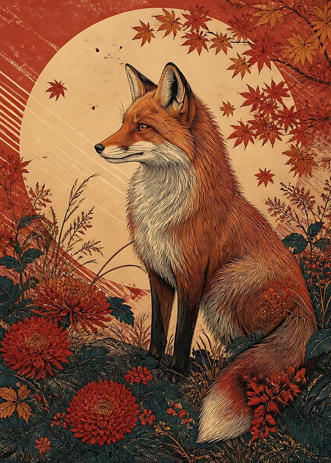 Japanese Style Red Fox Illustration