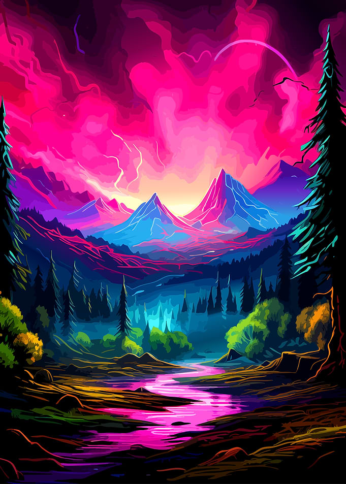 Vibrant Neon Mountain Landscape