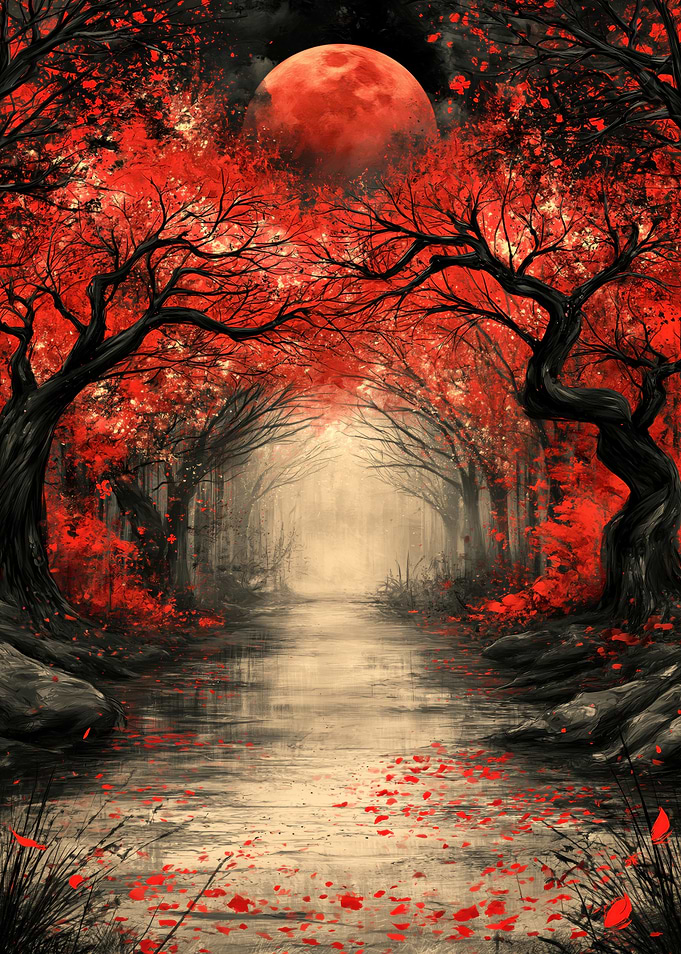 Ethereal Red Forest Under Blood Moon