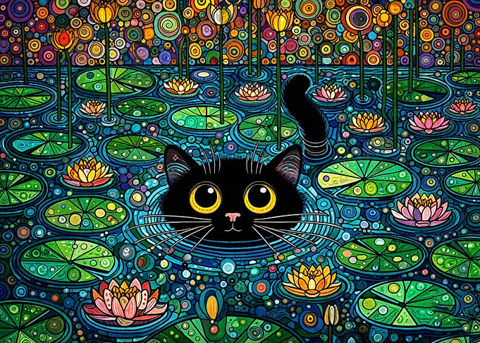 Black Cat in Lotus Pond