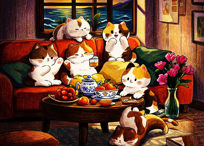 Cozy Calico Cats Tea Party
