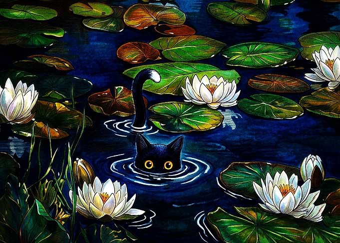 Black Cat Swimming in Lily Pond