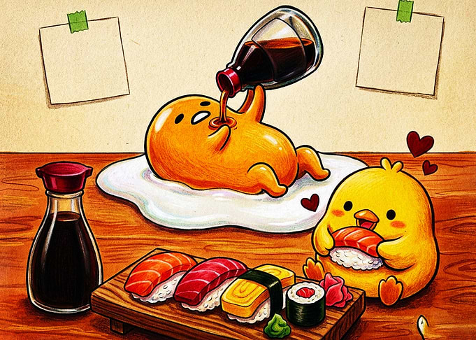 Gudetama and Chick Eating Sushi