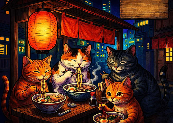 Cats Eating Ramen at Night Stall