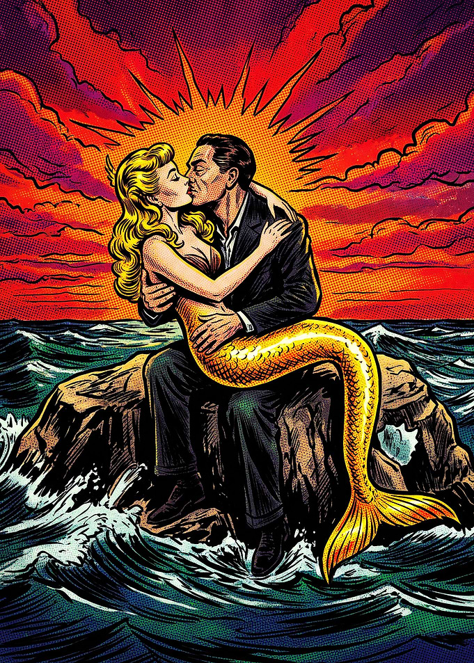 Man Kissing Mermaid on Rock
