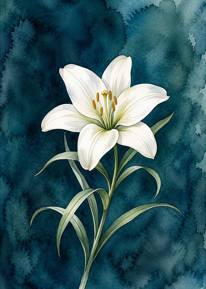 White Lily on Watercolor Background