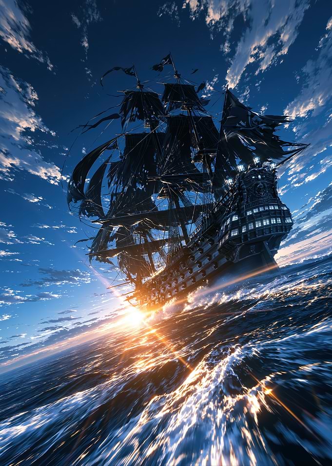 Ghostly Pirate Ship at Sunset