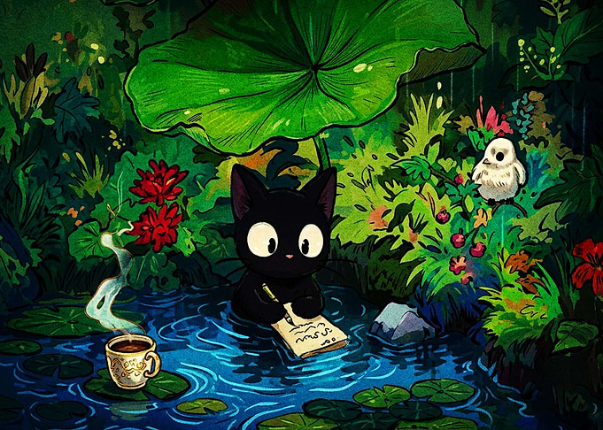 Black Cat Writing in Pond