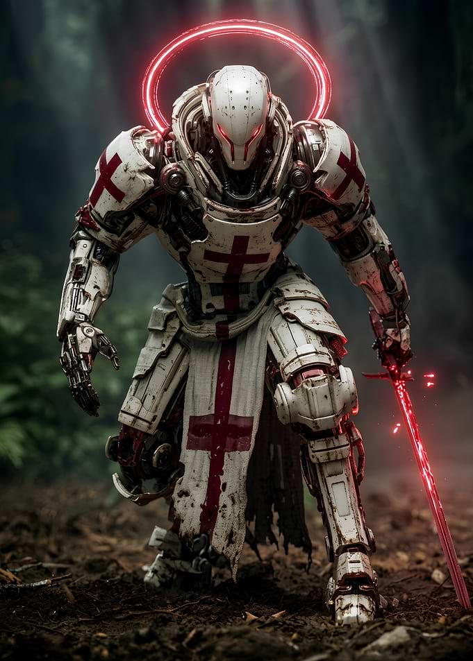 Cybernetic Crusader Knight with Glowing Sword