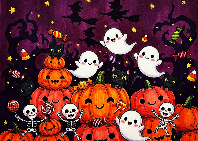 Cute Halloween Characters and Pumpkins Illustration