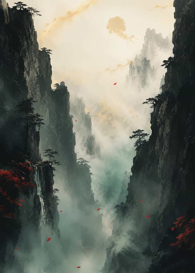 Misty Mountain Landscape with Red Leaves