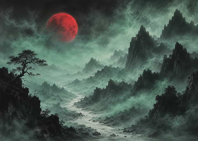 Ethereal Red Moon Over Misty Mountains