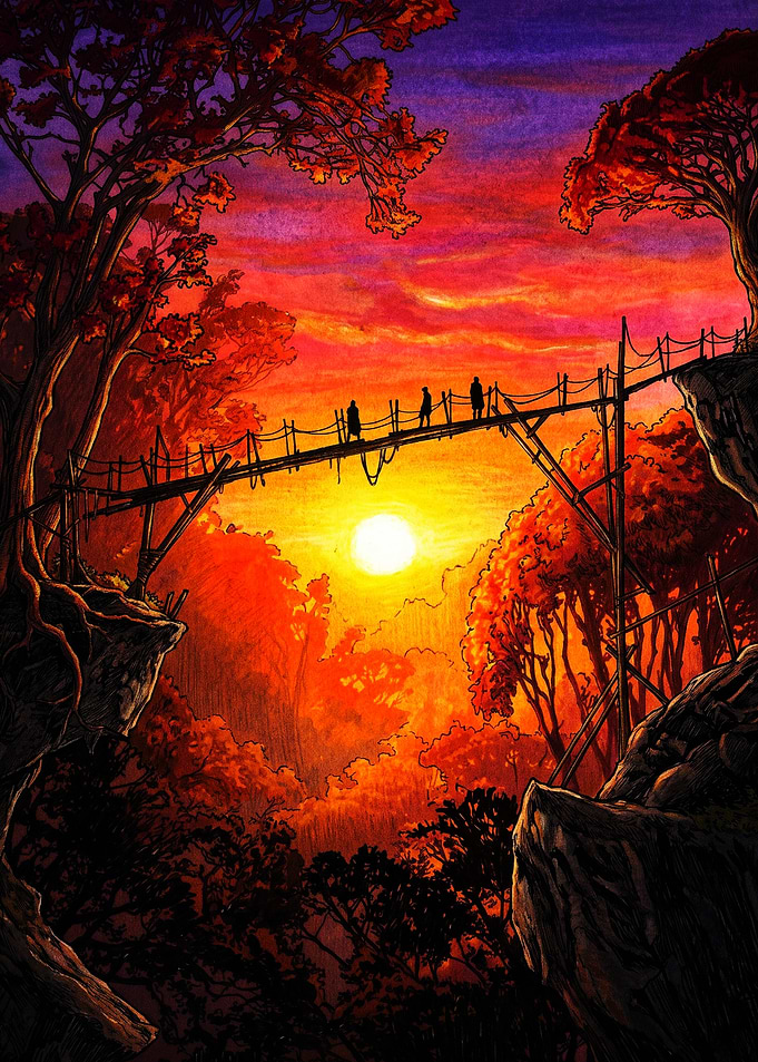 Silhouettes Crossing Bridge at Sunset