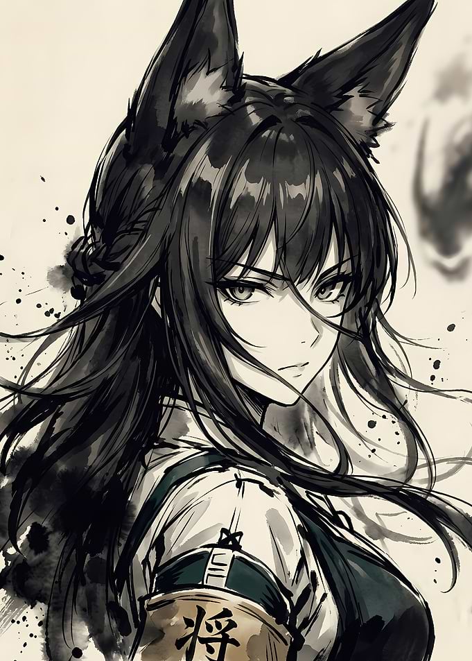Ink Wash Style Fox Girl Portrait