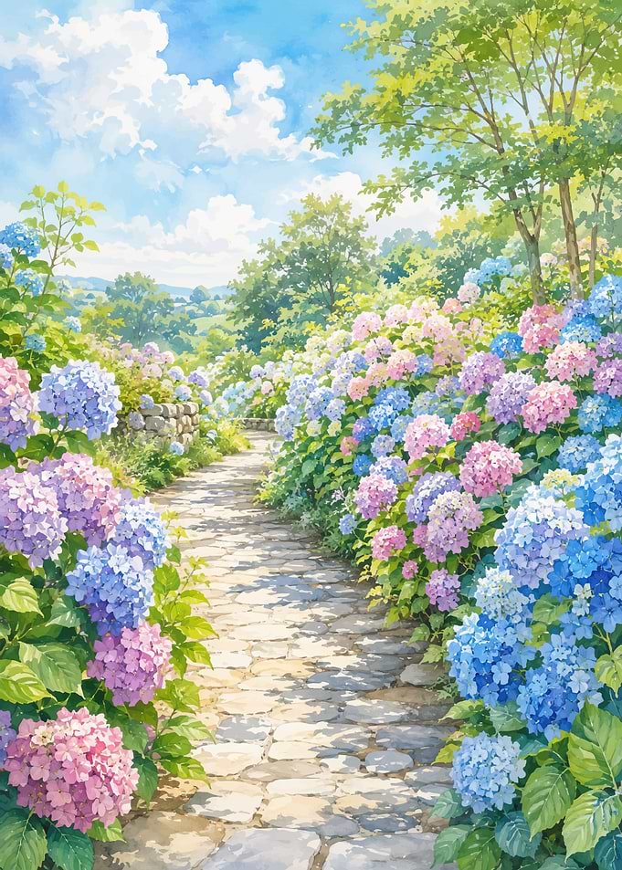 Hydrangea Lined Stone Garden Path