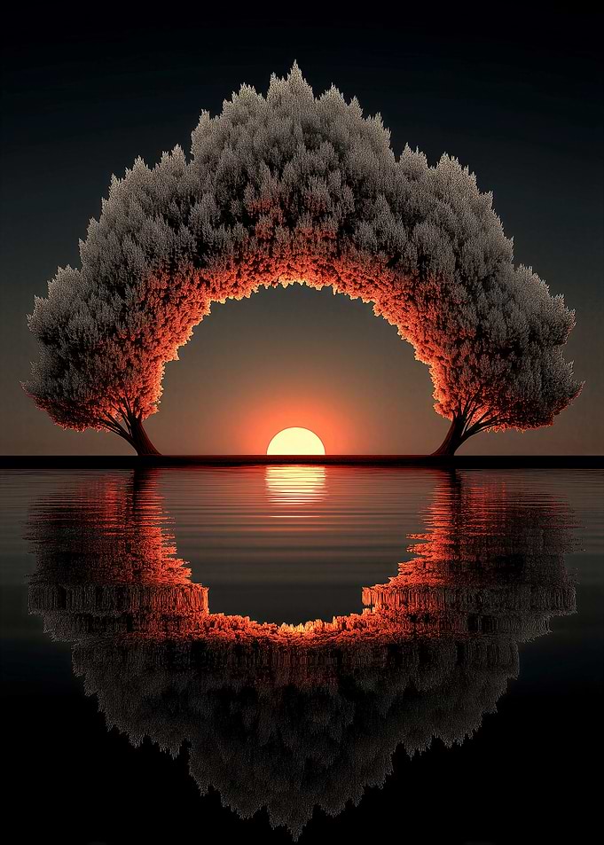 Symmetrical Tree Arch Sunset Reflection