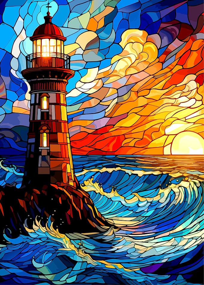 Stained Glass Lighthouse Sunset Scene