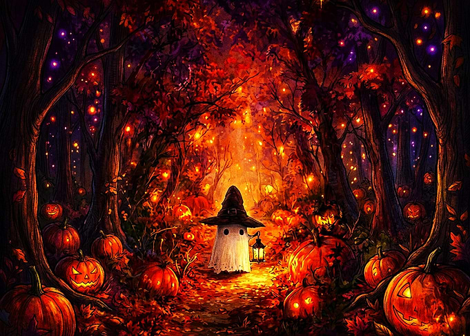 Little Ghost in Pumpkin Forest