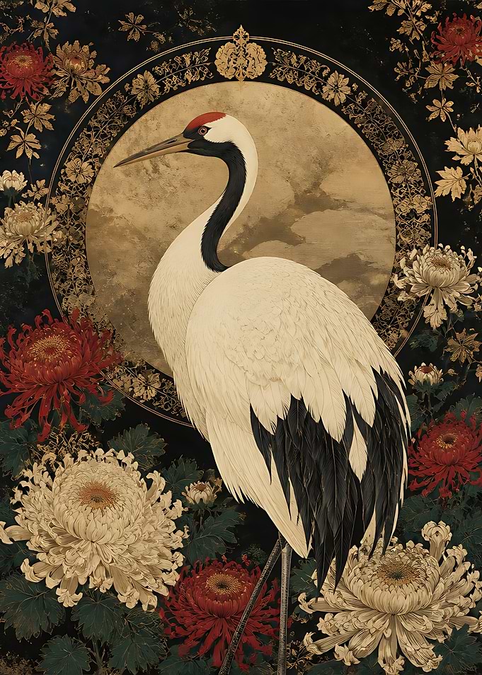 Elegant Red-Crowned Crane and Chrysanthemums