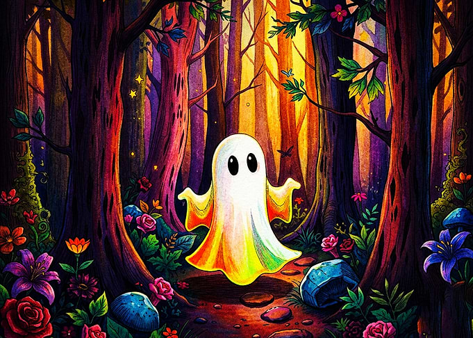 Cute Rainbow Ghost in Enchanted Forest