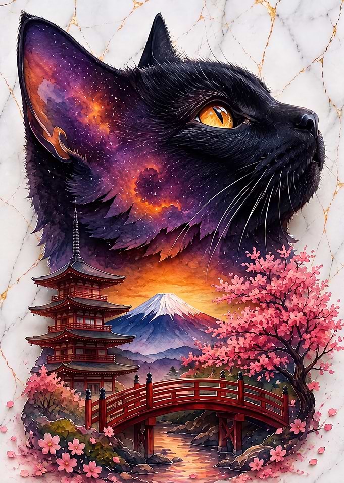 Cosmic Black Cat Japanese Landscape Art