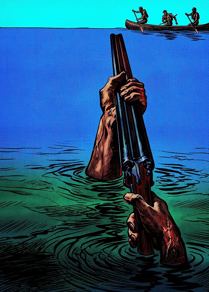 Hands Emerging from Water with Shotgun