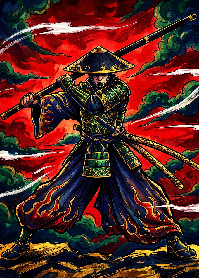 Samurai Warrior with Staff and Katana