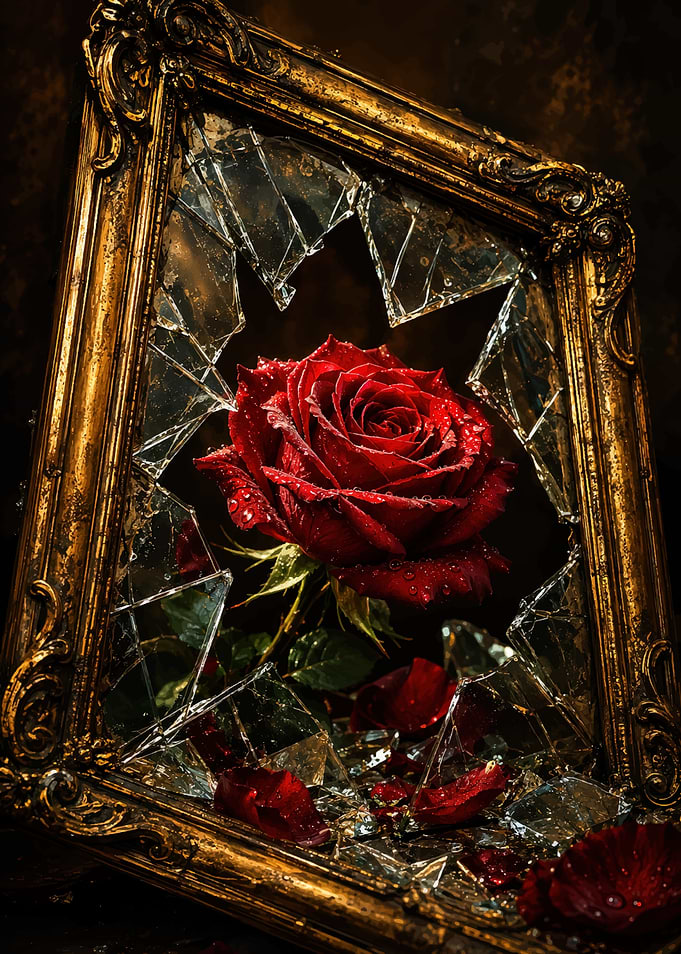 Red Rose Behind Broken Glass Frame