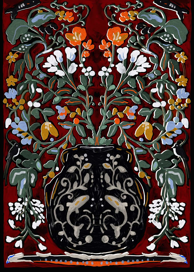 Ornate Floral Vase with Fish Motif