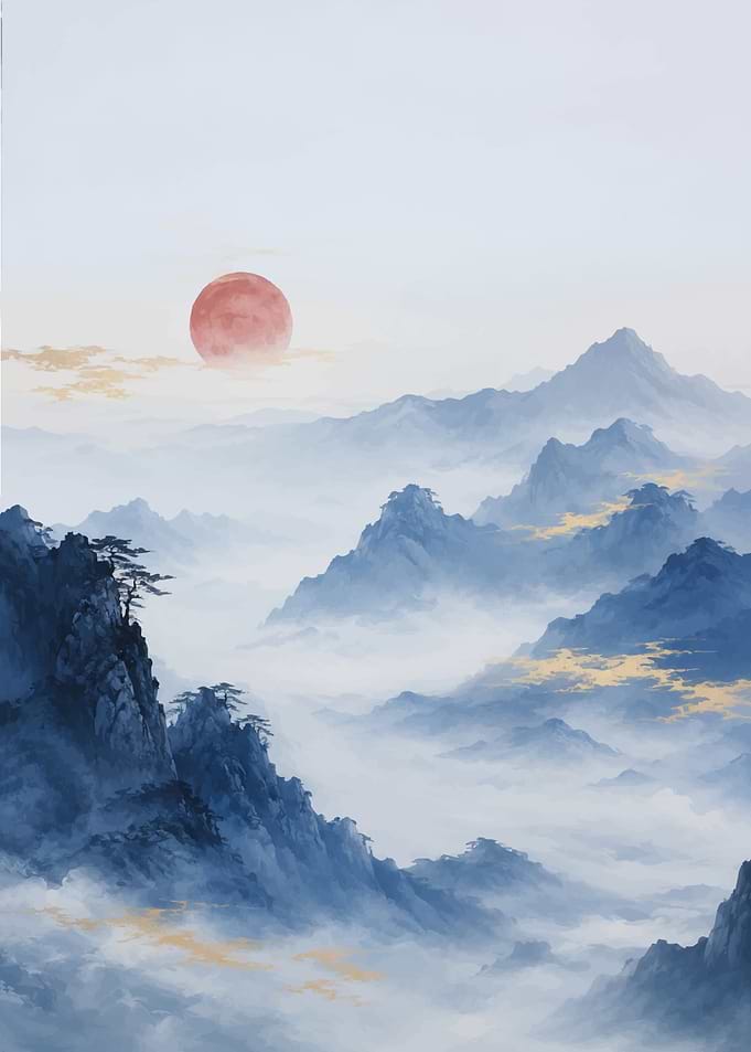 Serene Mountain Landscape with Red Moon