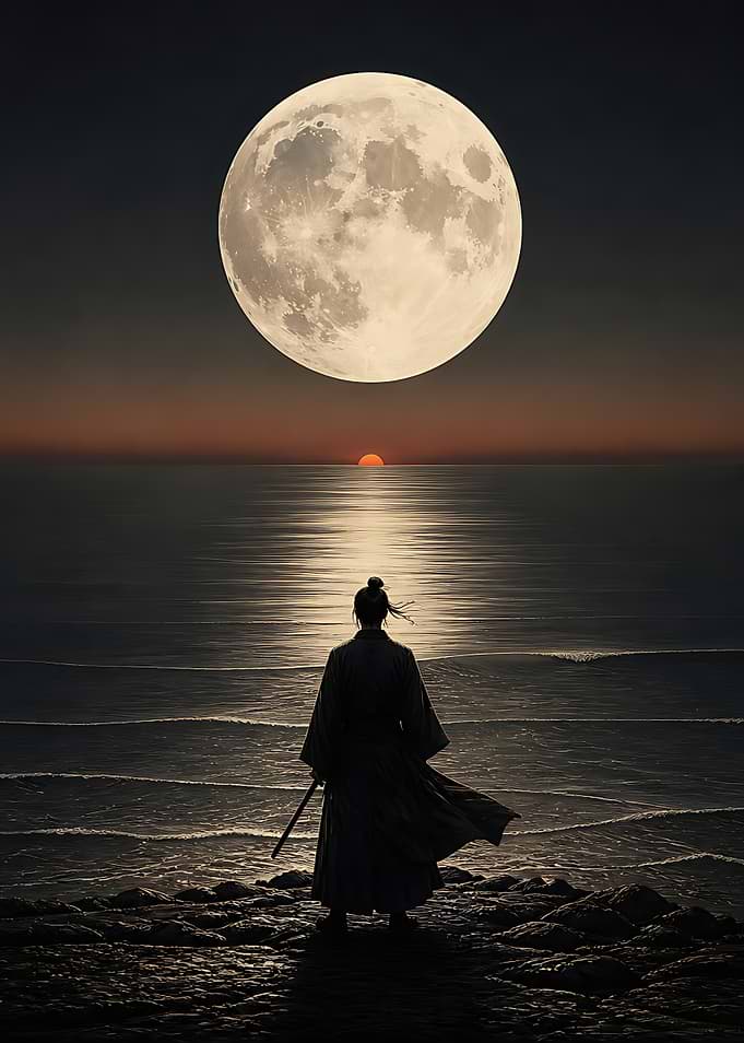 Samurai Standing Under Full Moon