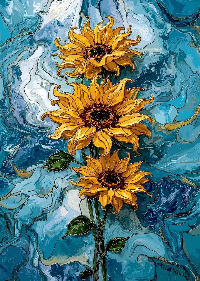 Three Sunflowers on Abstract Blue Background