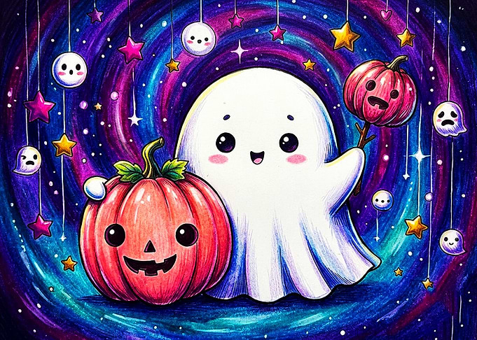 Cute Ghost and Pumpkin Halloween Art