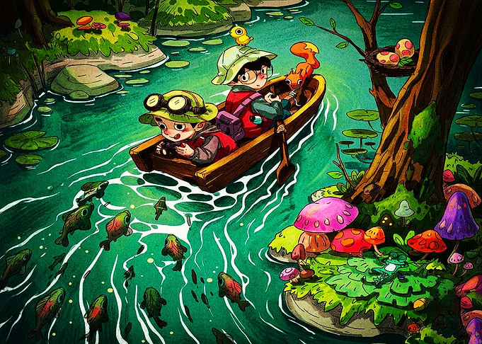 Children Boating in Magical Forest