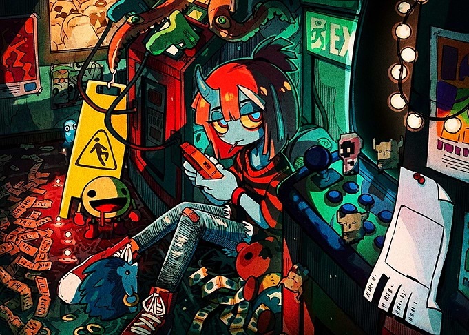 Gaming Girl in Neon Arcade