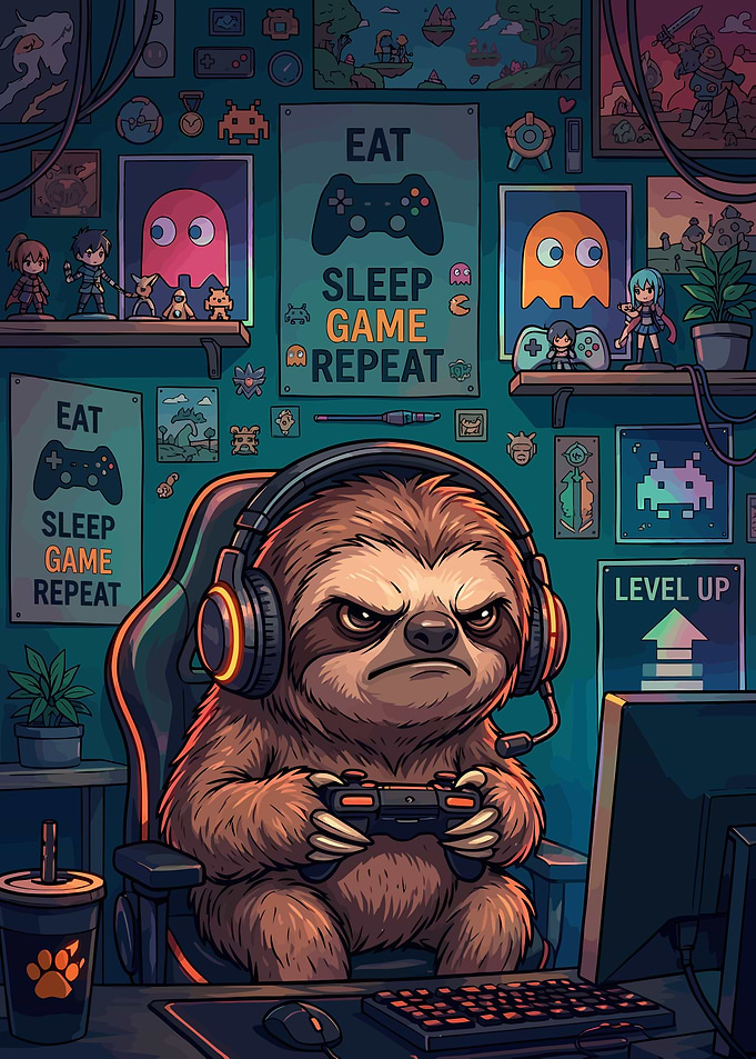 Gamer Sloth in Gaming Room