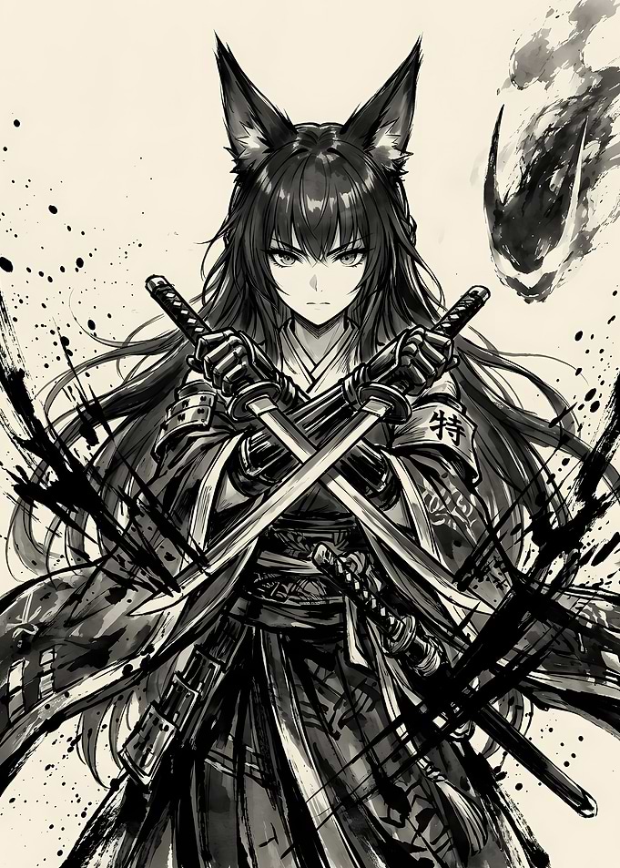 Fox Girl Samurai Warrior Ink Illustration