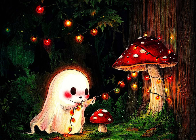 Cute Ghost Decorating Forest Mushrooms