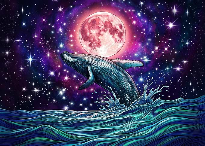 Whale Leaping Under Cosmic Moon