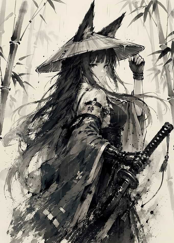 Fox Girl Samurai in Bamboo Forest