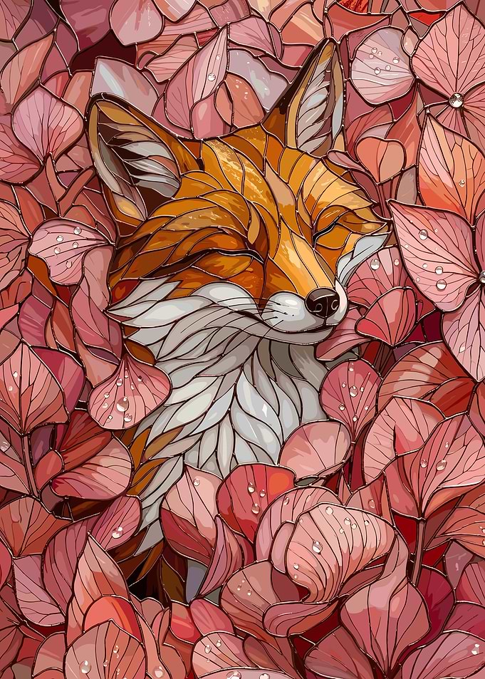 Stained Glass Fox in Pink Flowers