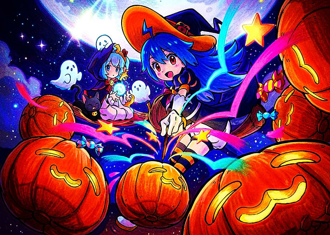 Anime Halloween Witches and Pumpkins