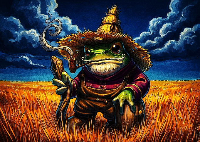 Frog Farmer in Golden Wheat Field