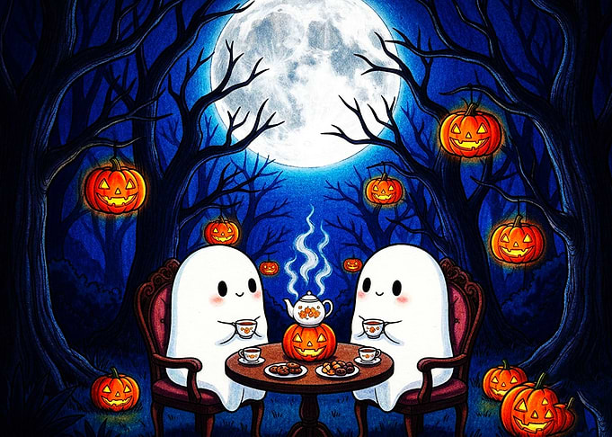 Cute Ghosts Having Halloween Tea Party