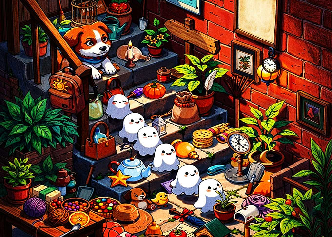 Cute Ghosts on Garden Stairs