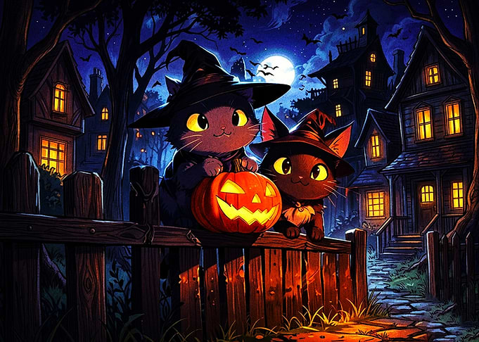 Cute Witch Cats with Jack-o'-lantern