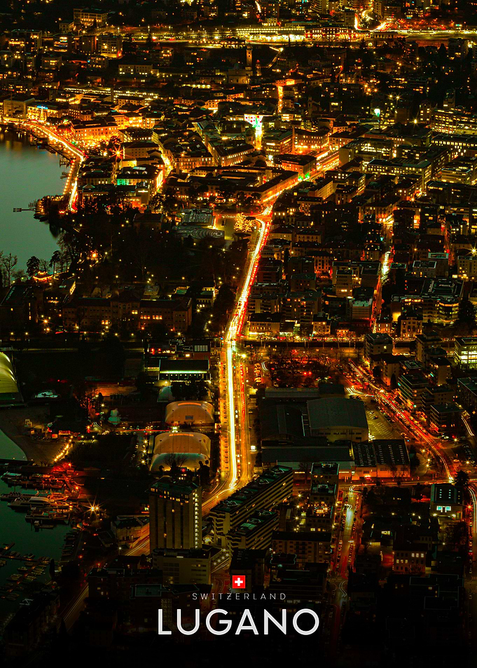 Night Aerial View of Lugano Switzerland