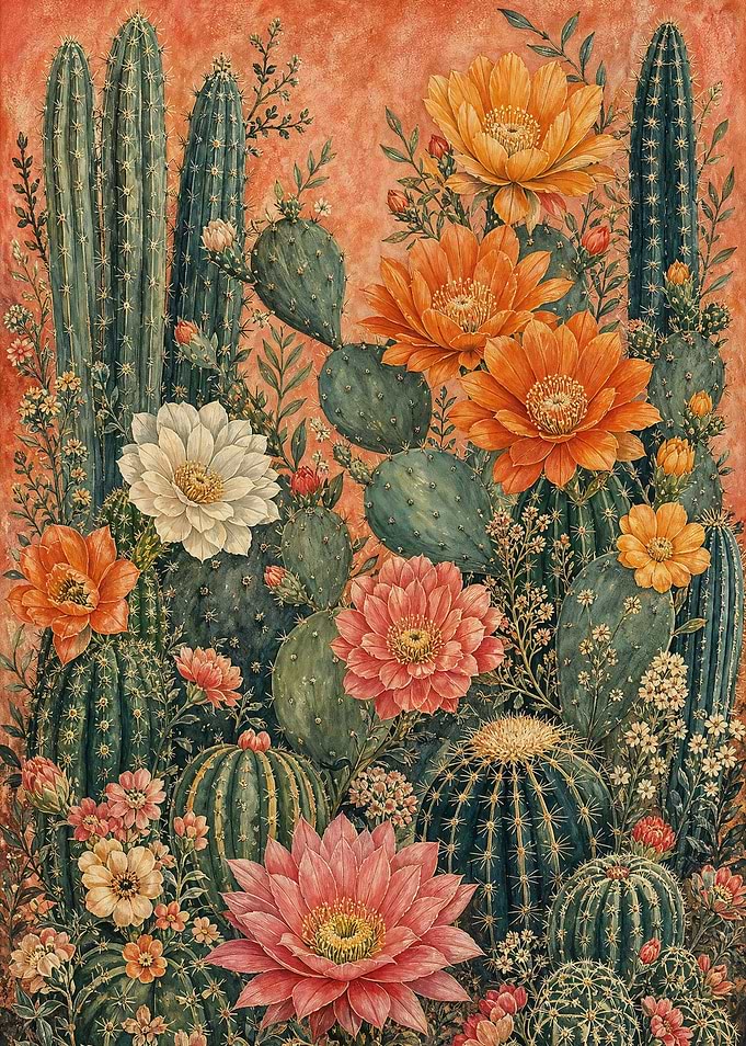 Vintage Mexican Desert Floral Cactus Art