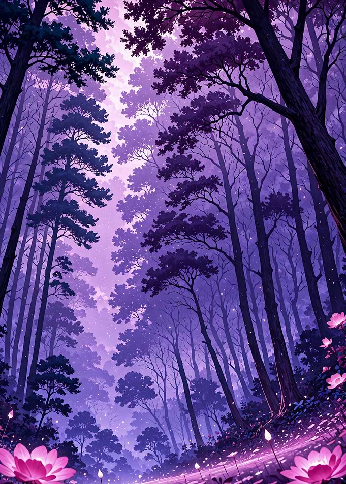 Fantasy Purple Forest with Glowing Flowers