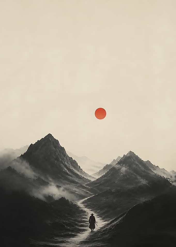 Lone Samurai Walking Through Misty Mountains